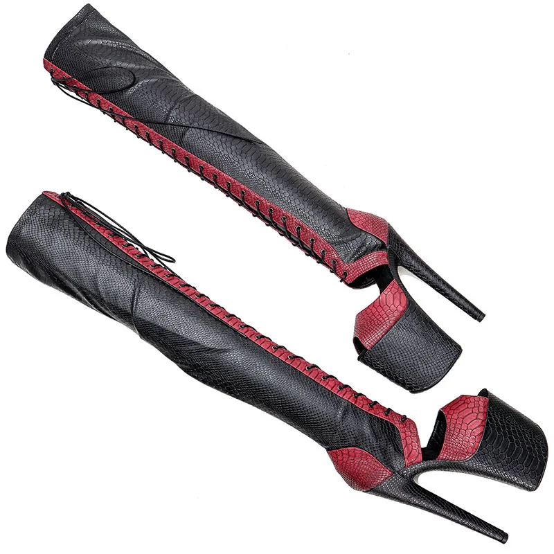 Leecabe 20CM/8Inch Snake PU UPPER  black with red color  Platform disco party High Heels Shoes Pole Dance boot
