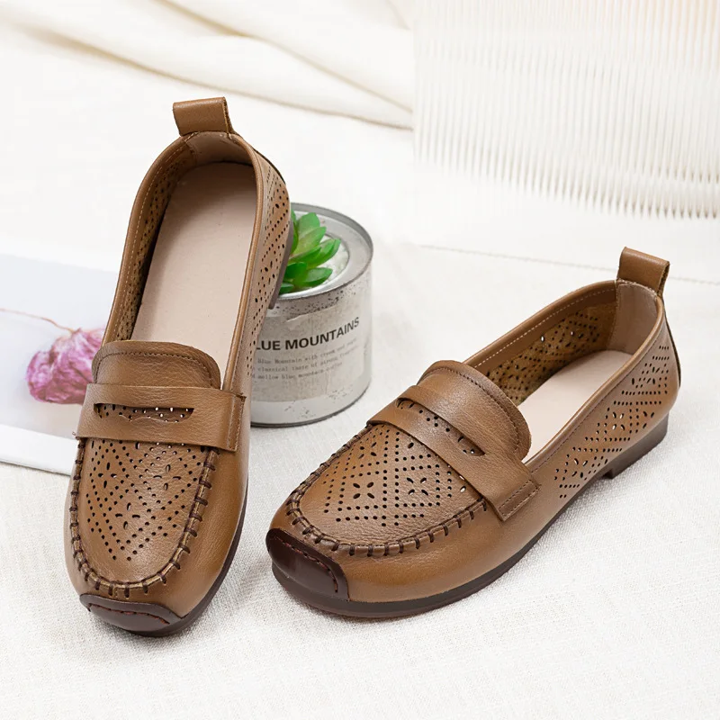 Autuspin Retro Women's Shoes Genuine Leather Flats Summer Breathable Soft Soled Loafers Novelty Leisure Hollow Out Moccasins
