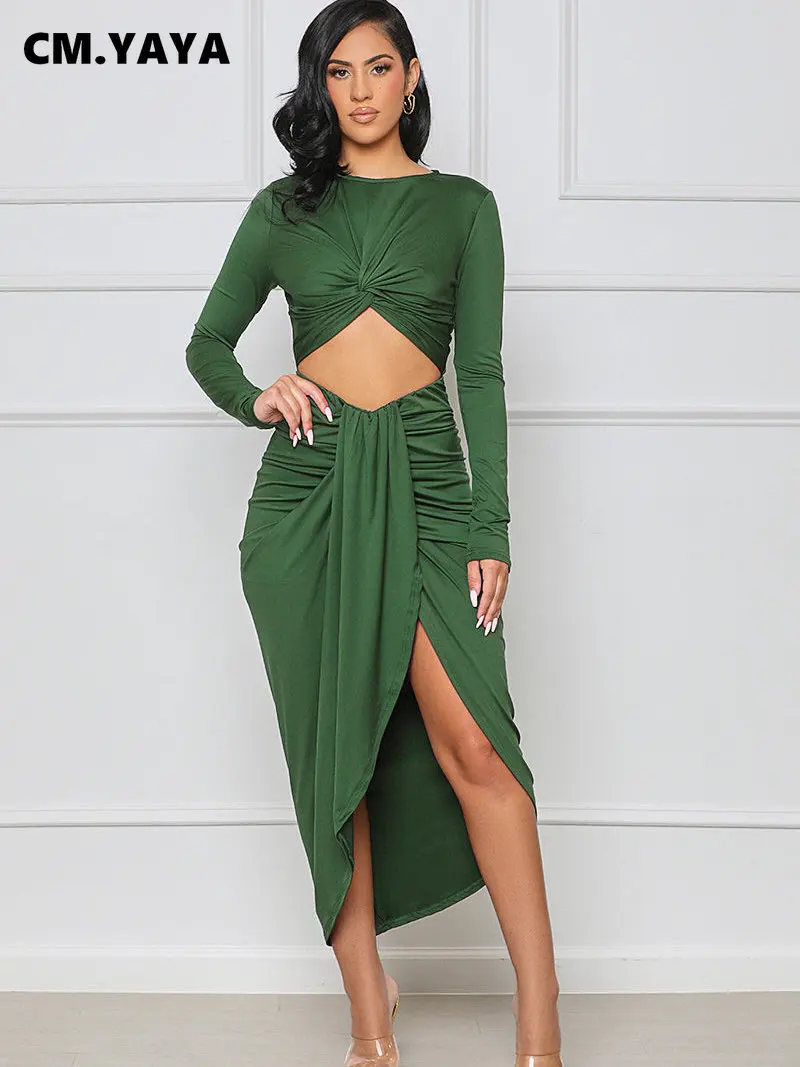 

CM.YAYA Women ruched up high split long sleeve open navel draped bodycon midi asymmetrical dresses autumn winter sexy dress