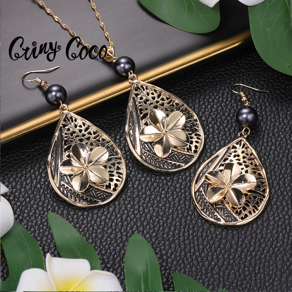 

Cring Coco Hawaiian Polynesian Pearl Pendant Necklace Earrings Set Trend Gold Plated Flower Jewelry Sets For Women Party Gift