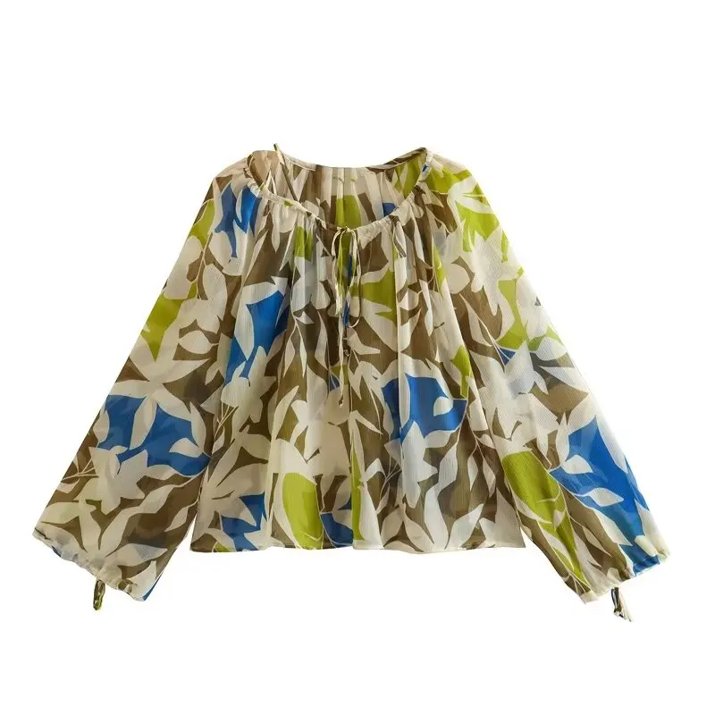 

Женская винтажная блузка PB & ZA, укороченная блузка с декоративным принтом и длинным рукавом, шикарный топ, новинка весны 2023