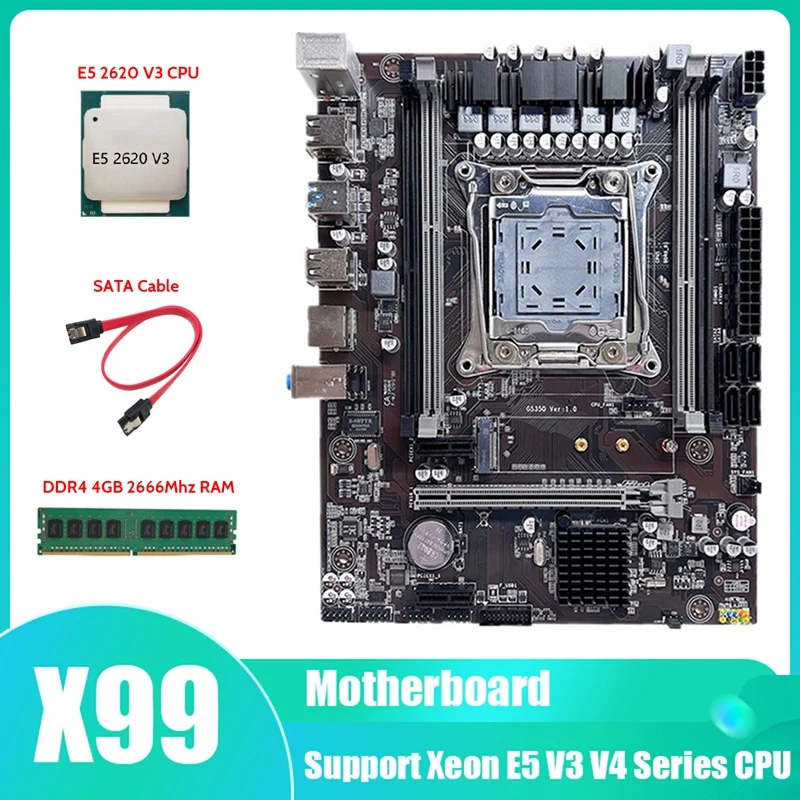 

Материнская плата X99, системная плата, поддержка DDR4 RAM с процессором E5 2620 V3 + DDR4 4 Гб 2666 МГц RAM + кабель SATA