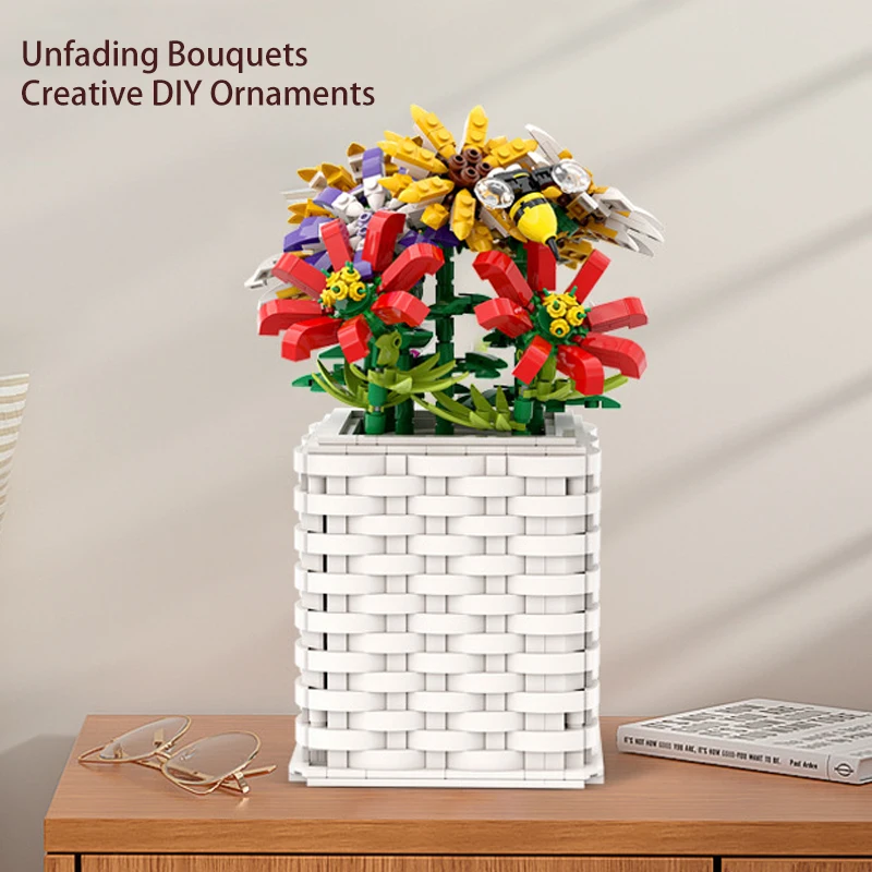 

Неувядающие букеты для самостоятельной сборки, неувядающие букеты MOC в горшке, игрушки, набор кирпичей, ваза с пчелами и цветами, креативное ...
