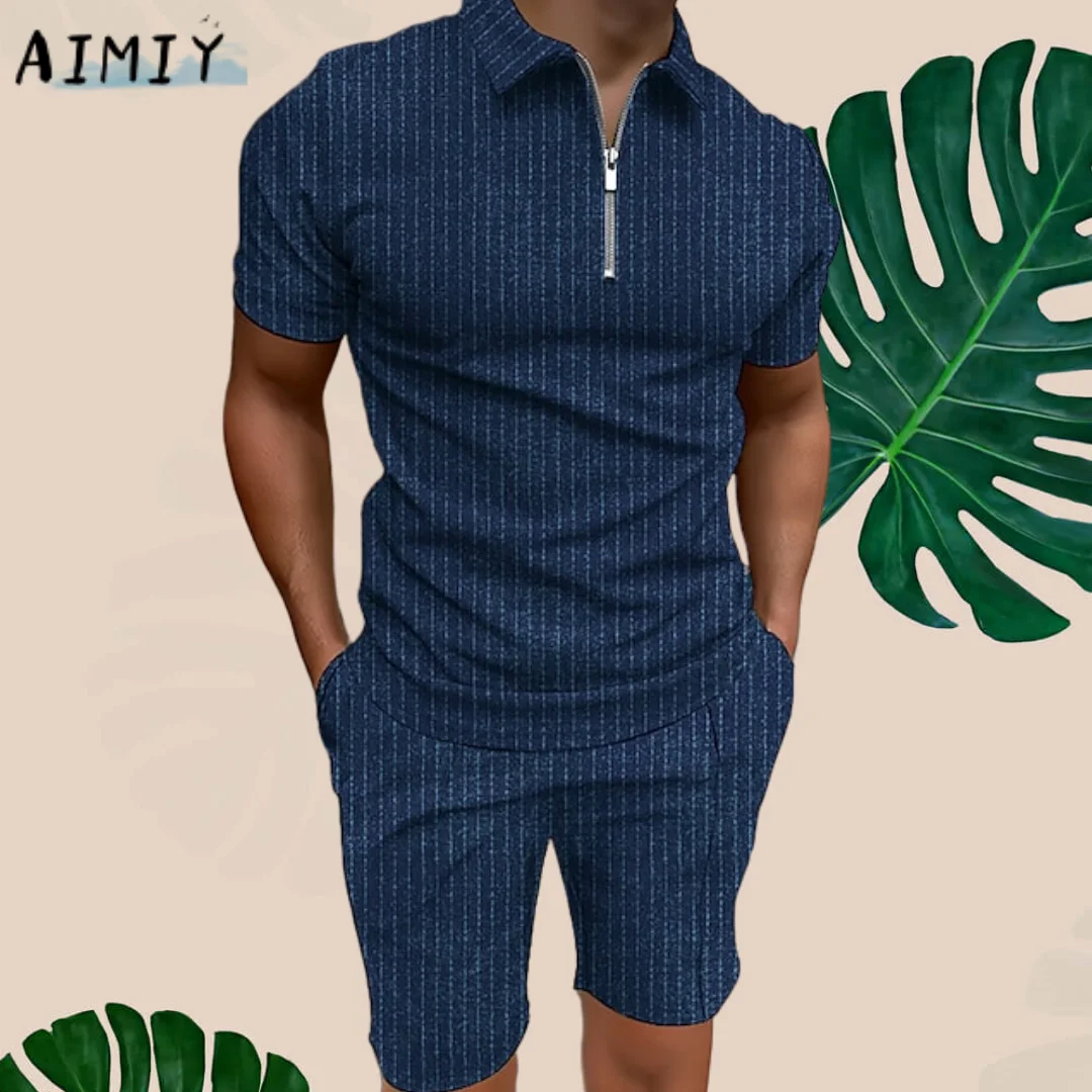 Men's Golf Shirt Set Striped Leisure Sports Outdoor Zipper Patchwork Short Sleeve Tops 2pcs Retro Designer Punk & Gothic Sports