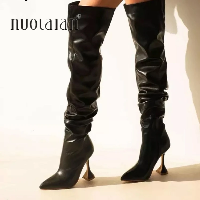 

Sexy Black Thigh High Boots Women Patent Leather High Heels Over The Knee Boots For Women Point Toe Fetish Party Long Shoes