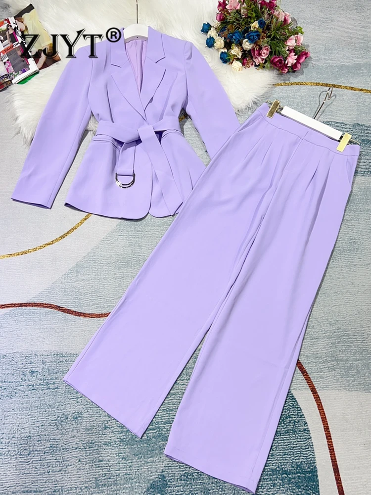 

ZJYT Elegant Business Chic Blazer and Trousers Suits 2 Pieces Womens Outfits Office Work Wear Lace Up Jacket+ Pants Matching Set
