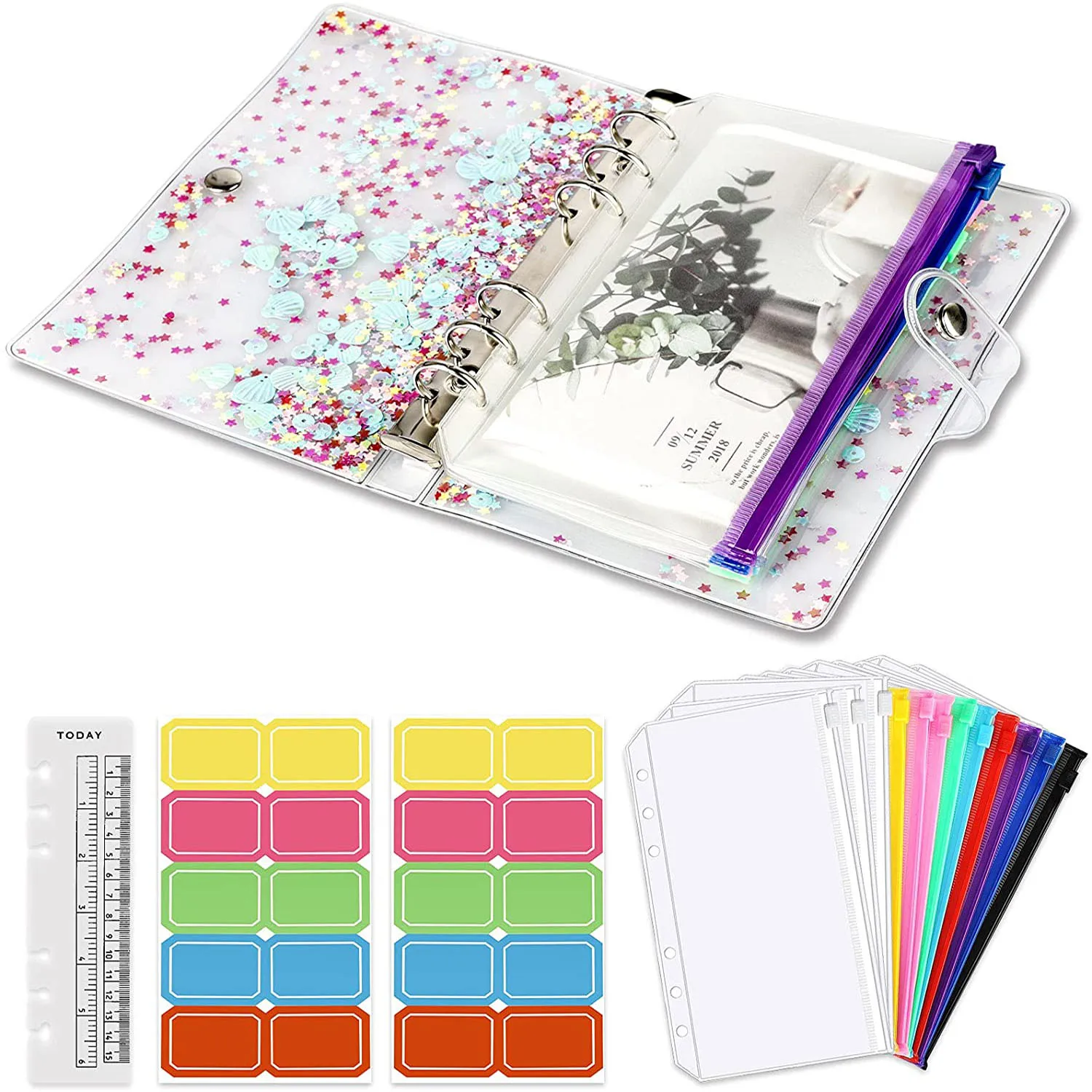 A6 Binder Notebook Cover Budget Planner Organizer with 12 Pieces Clear Cash Envelopes Zipper Binder Pockets for Money Budgeting