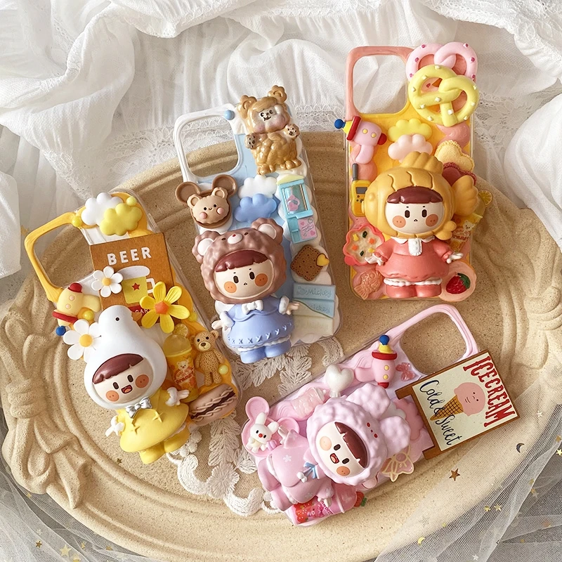

Handmade Case For iPhone 13/12/11 pro max 3D Big Girl Cartoon Phone Cover Xsmax/XR/8/7 plus Creamy Shell Kawaii DIY funda gift
