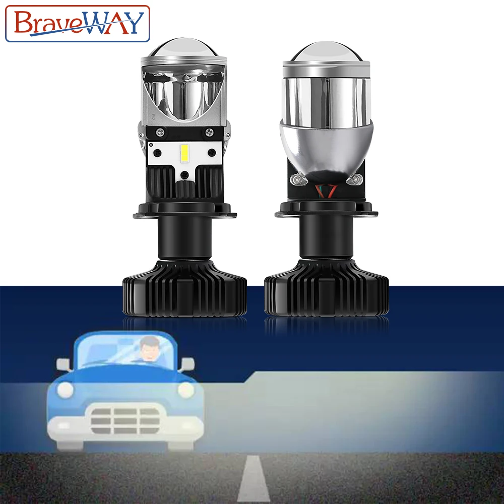 BraveWay H4 Led Headlight Bulbs with Lens for Car Error Free Hi-Lo Beam 12V LED CANBUS LED H4 Bulbs with Mini Projectors 6500K