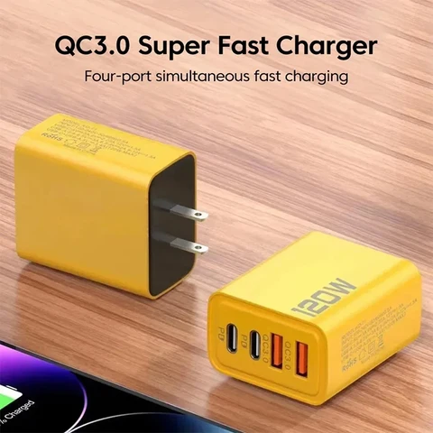 Быстрое Зарядное Устройство 120 Вт, 4-портовый Адаптер QC3.0 USB-C, Настенное Крепление