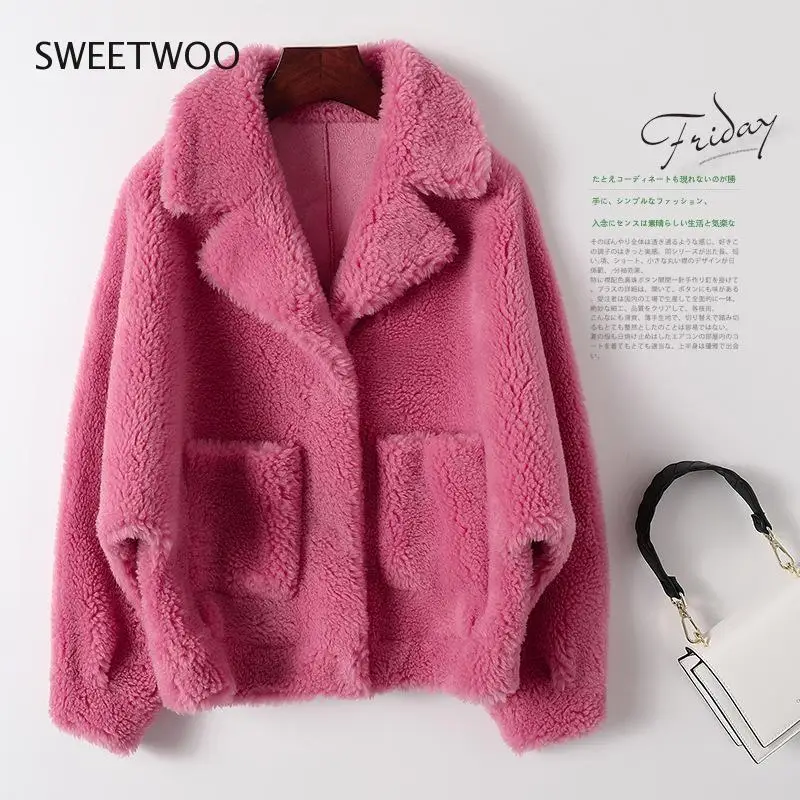 Real Fur Coat High Quality Australian Womens Wool Coats Thick Warm Elegant Loose Large Size Short Outwear Winter Coat for Women