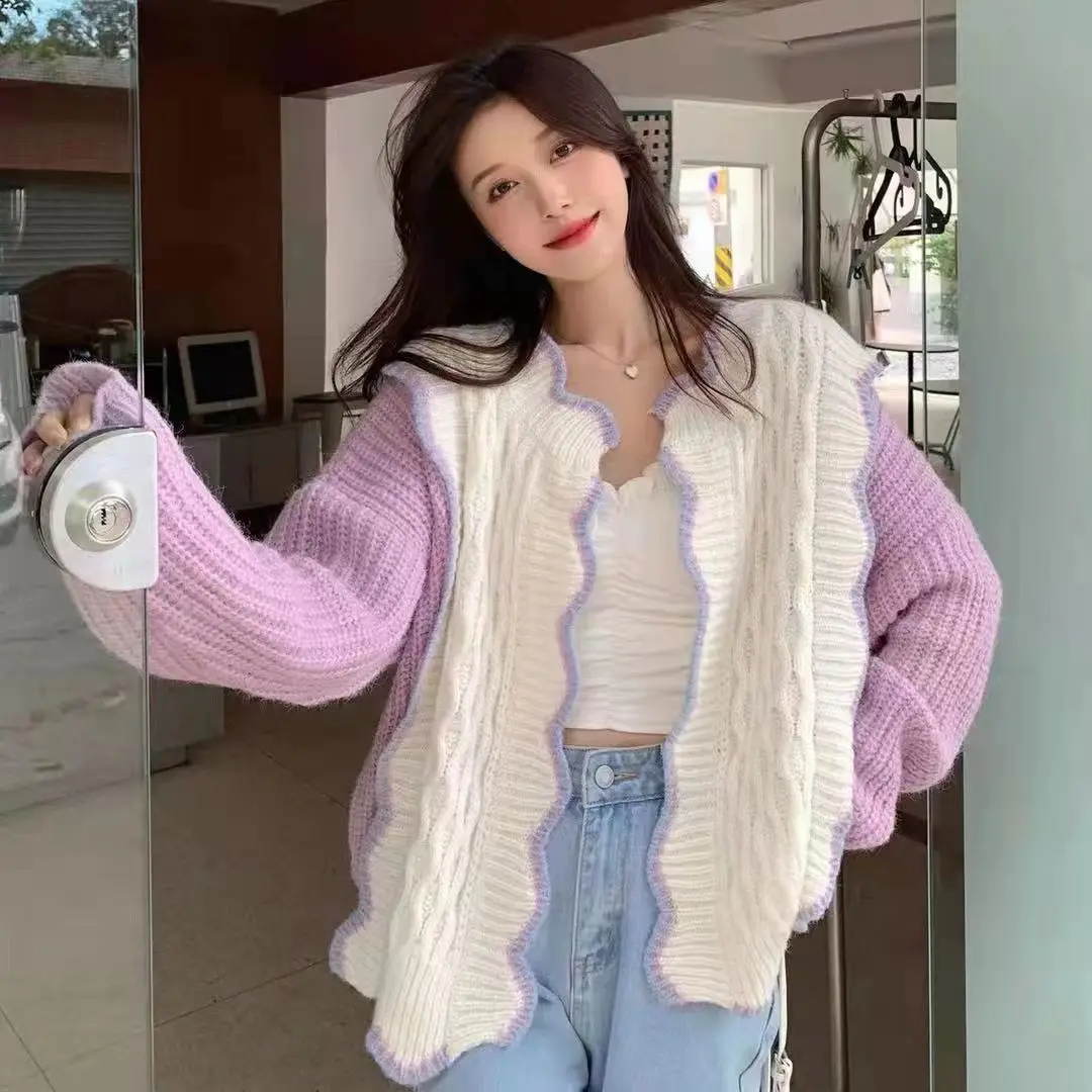 

Autumn Winter New Spliced Single Breasted Knitted Cardigan Korean Loose Jacket Vertical Strip Outer Color Block Sweater T210