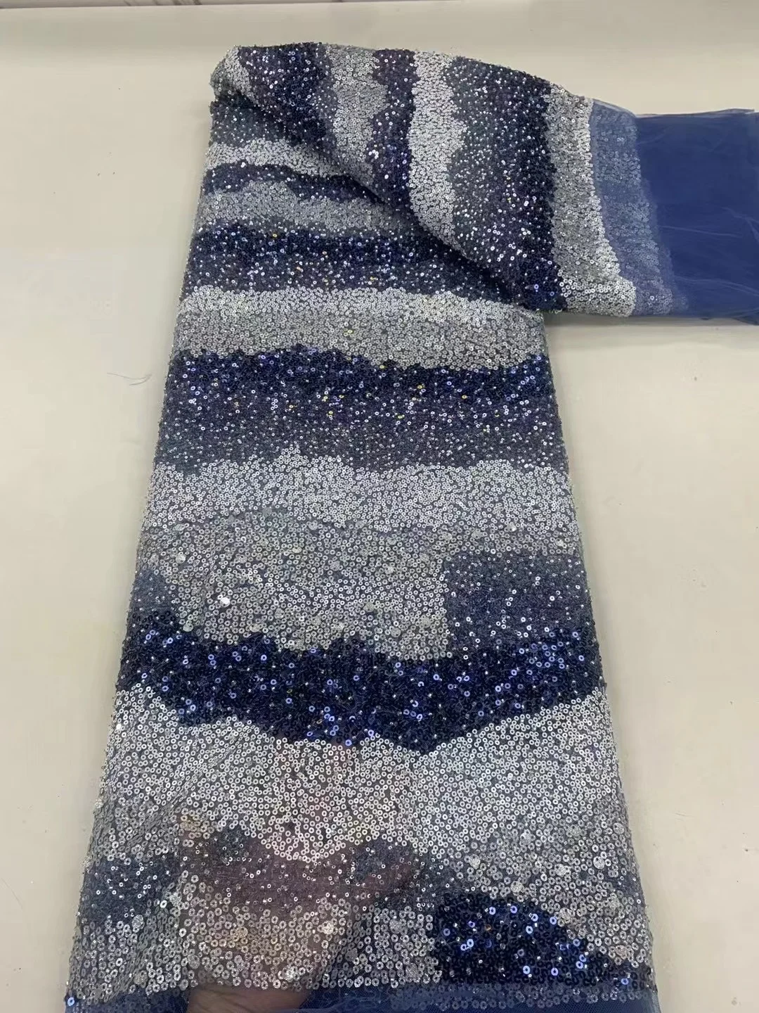 

Blue 5 Yards African Luxury Handmade Bead Lace Fabric Heavy Sequins Embroidery Fabric French Tulle Mesh Lace for Wedding Dress