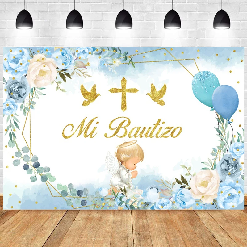

Mi Bautizo Backdrop Baptism God Bless First Communion Holy Flower Christening Baby Shower Cross Photography Background Banner