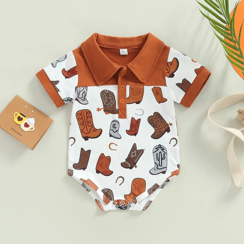 

Newborn Baby Boy Girl Clothes Short Sleeve Romper Boho Western Cowboy Shirt Bodysuit Jumpsuit Summer Gentleman Casual Outfits