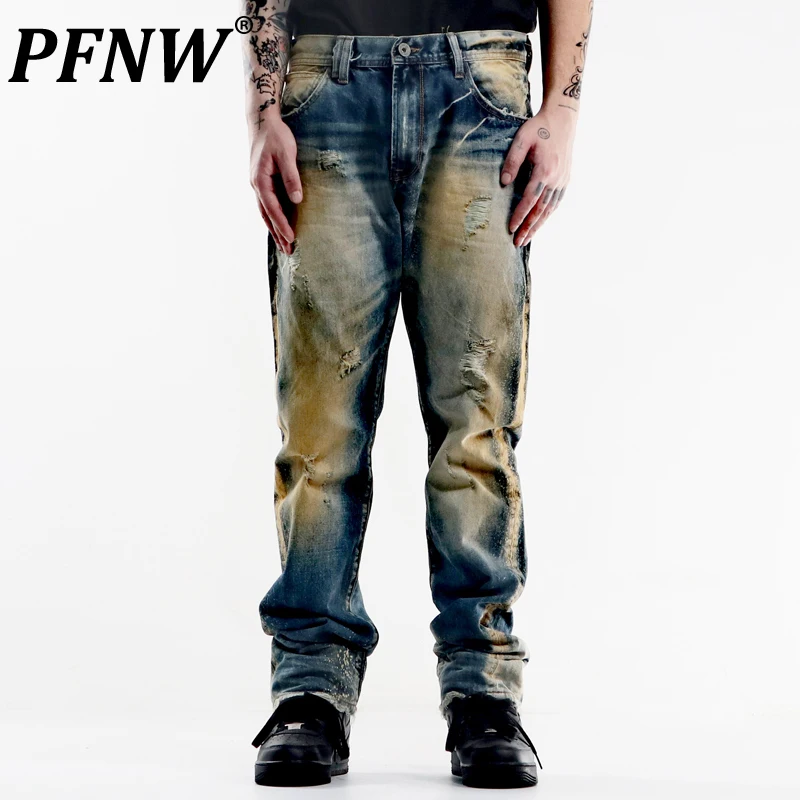 

PFNW Spring Autumn New Men's American Style Stereo Cut Denim Pants Trendy Worn Out Small Straight Vintage Contrast Jeans 12A7930