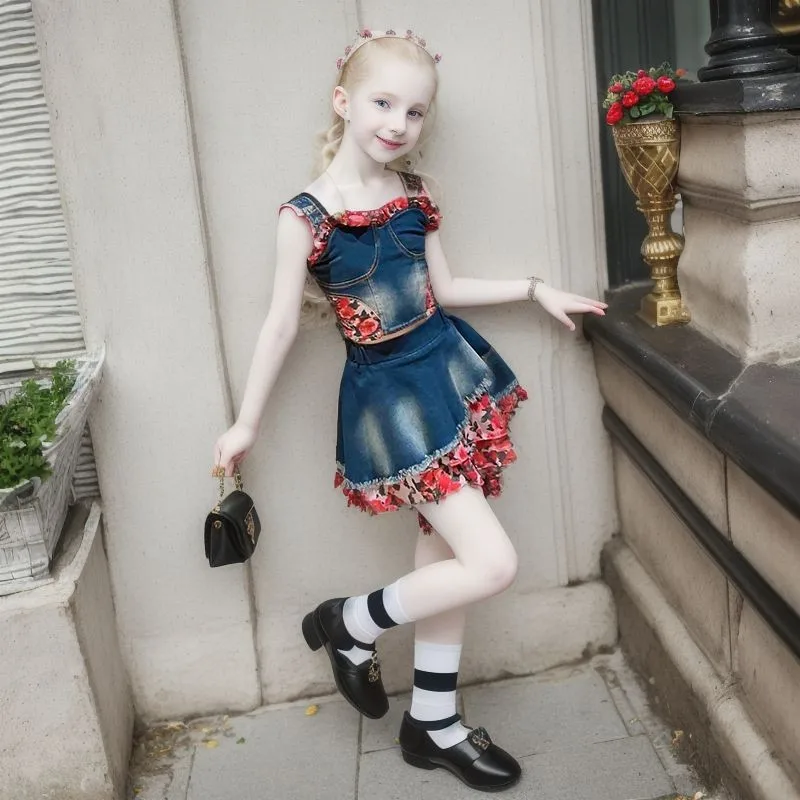 

Fashion Teenage Girls Denim Summer Clothes Suit Patchwork Floral Sleeveless Crops Vest+jeans Skirts Two-piece Children Outfits 9