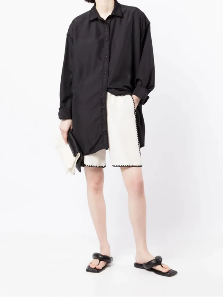 Women Turn-down Collar Silk Mid-length Shirts Black Long-sleeve Chemise Female Loose Straight Casual Blouse