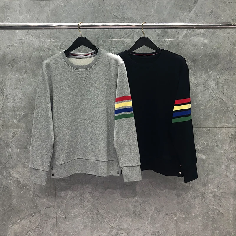 

Sweatshirts Men Multicoloured Pure Cotton 4-bar Stripe O-neck Luxury Brand Men's Pullovers Korean Style Loose Women's Jersey