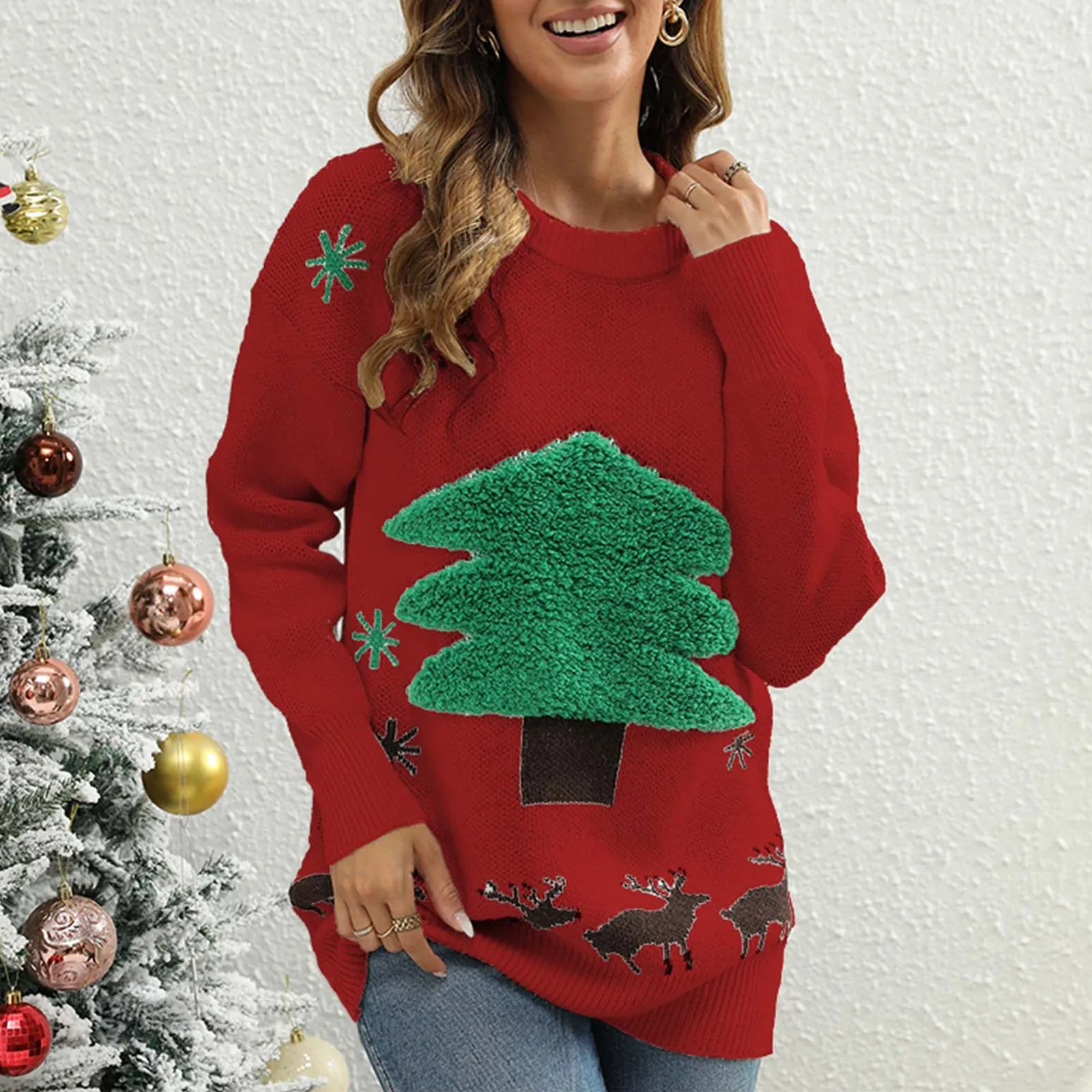 

Женский свитер с круглым вырезом, осенне-зимний теплый пуловер в виде рождественской елки