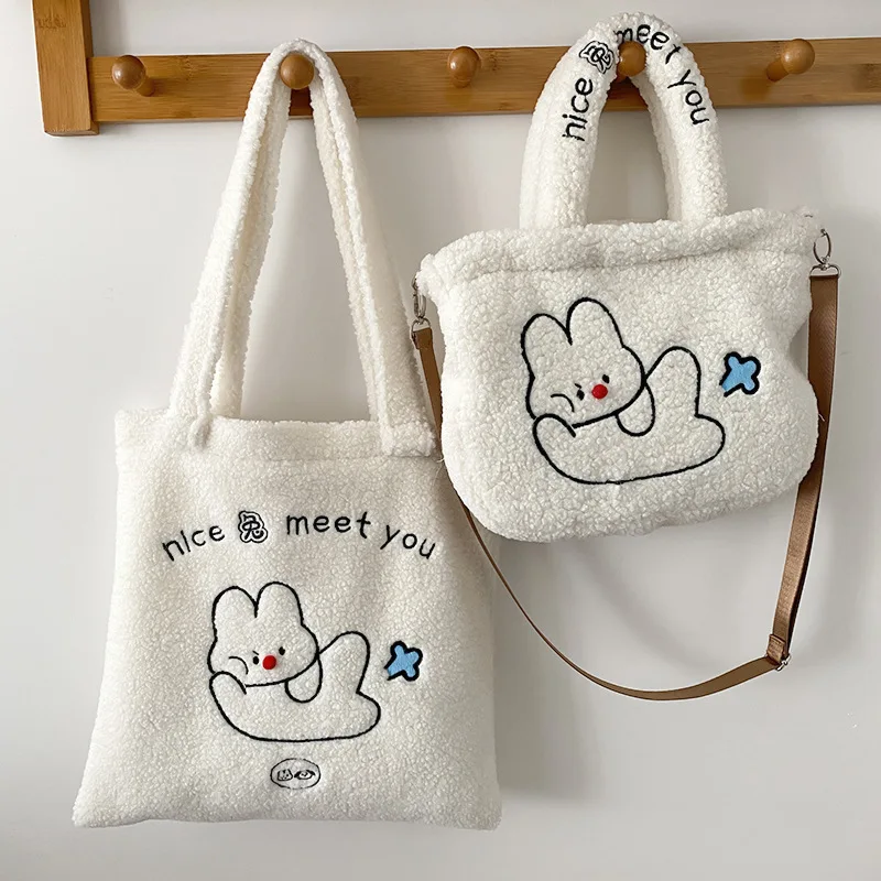 

Hylhexyr Ins 2022 Plush Shoulder Bags Embroidery Cute Rabbit Large Capacity Messenger Bag Imitation Cashmere Handbag For Girl