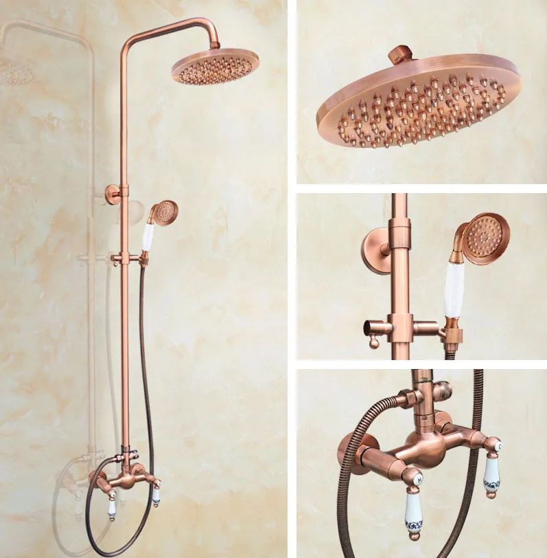 

Antique Red Copper Brass Dual Ceramic Handles Bathroom 8 Inch Round Rain Shower Faucet Set Mixer Tap Hand Shower mrg556