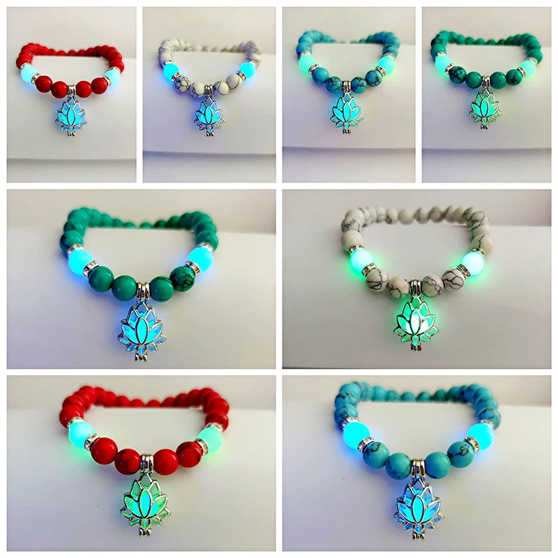 

Natural Stones Glowing In The Dark Luminous Lotus Flower Shaped Charm Women Yoga Bracelet Prayer Buddhism Jewelry Gift