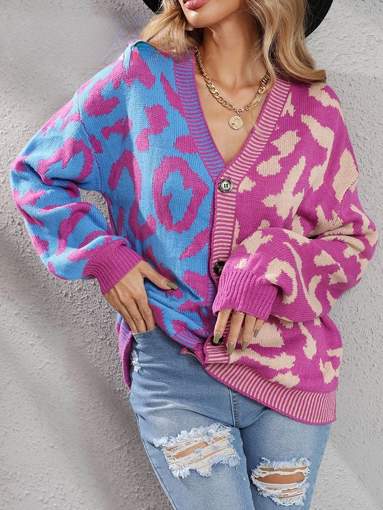 

Женский вязаный кардиган на пуговицах, розовый кардиган с леопардовым принтом и V-образным вырезом, Свободный теплый кардиган, Осень-зима 2023
