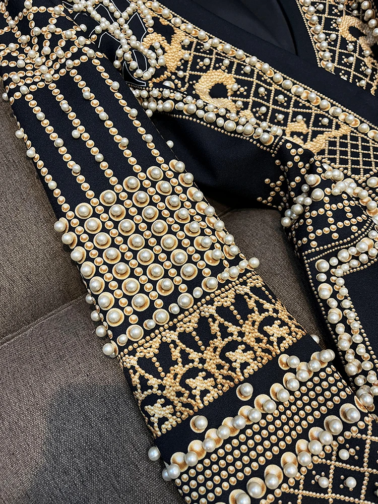 French Retro Printed Women's Jacket 2023 Spring New Fashion V-neck Long-Sleeved Thickened Mid-Length Suit Coat All-Matching