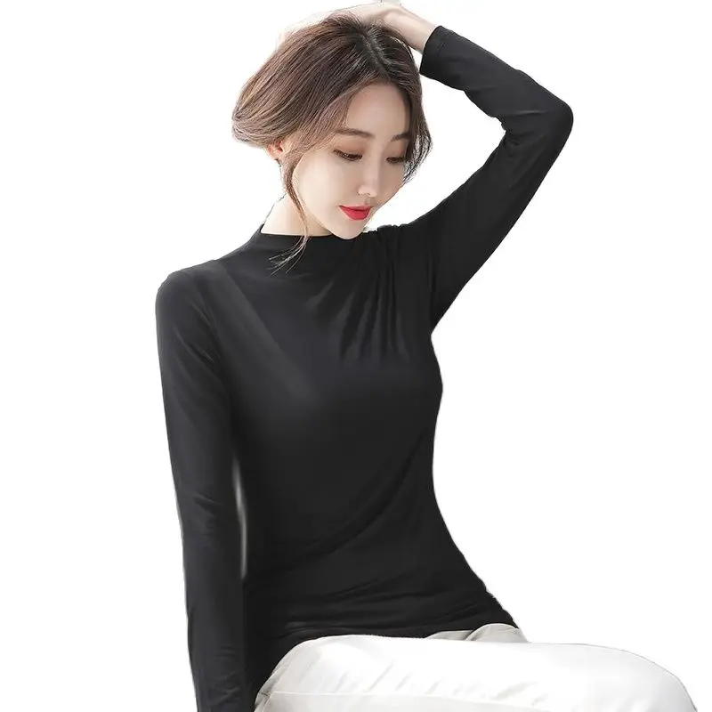 

Осенняя женская футболка с длинным рукавом, черная, белая приталенная женская футболка в Корейском стиле, Повседневная Женская Базовая рубашка, Приталенный топ и футболки