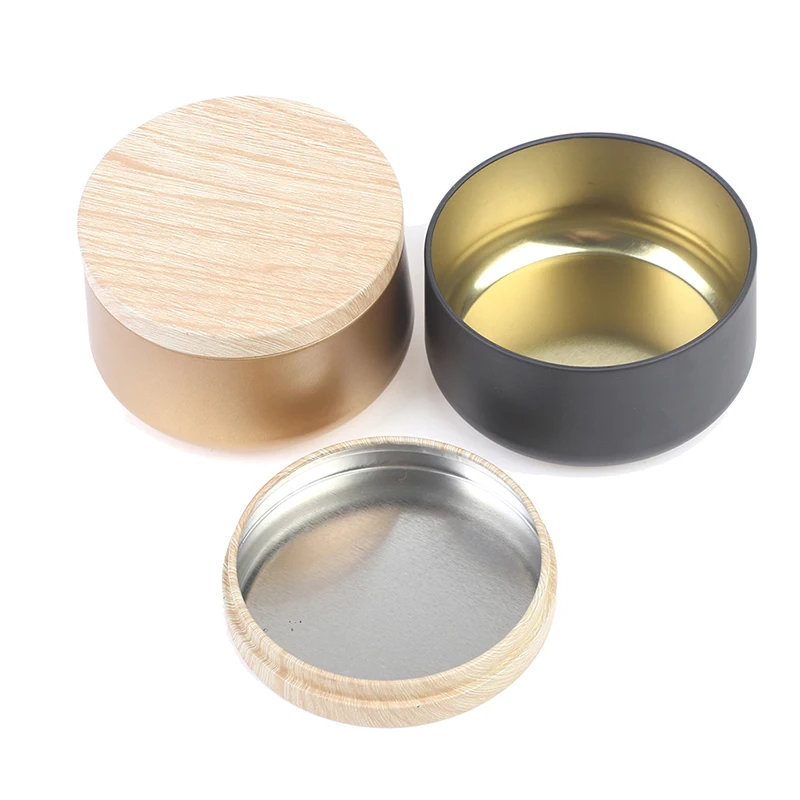 

2022 New Gold Black Candle Making Tinplate Empty Storage Jars with Wood Grain Lids Cosmetic Pot Tea Box Candy Jewelry Container