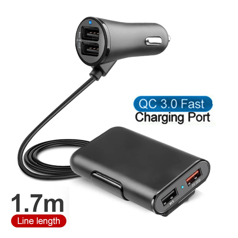 

USB Car Charger 4 Ports QC3.0+2.4A+3.1A Universal USB Fast Charging Adapter with 5.6ft Extension Cord Cable for Tablet phones