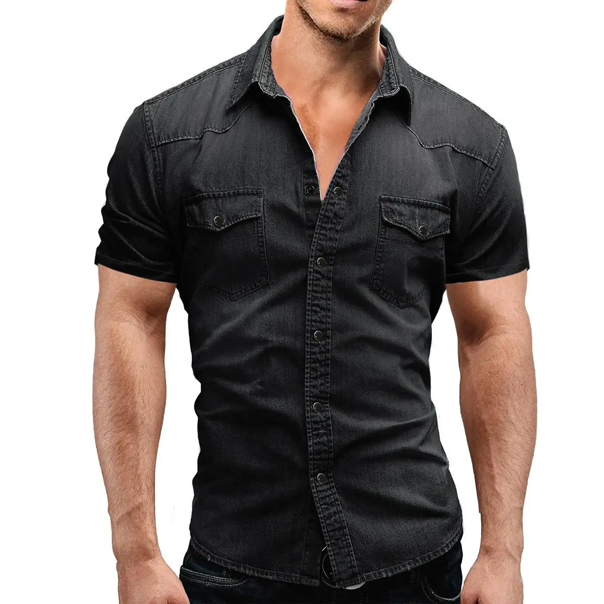 

Men Spring Summer Denim Thin Shirt Short Sleeve Soft Cotton Two Pockets Slim Slight Elastic Jeans Cowboy Shirt Clothing