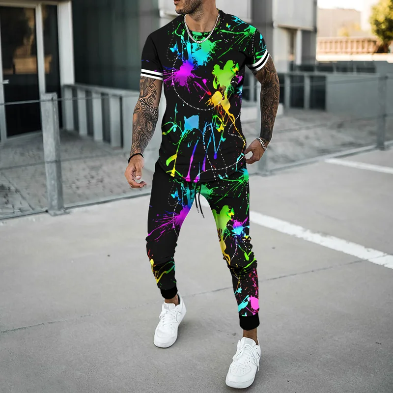 Men's Sets Summer 3D-Printed Graffiti Short Sleeve Shirt Trousers Suit Male Breathable Activewear Splatter T-shirt Pants Sets