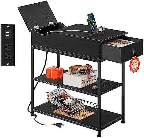 

Боковой столик с зарядной станцией, узкий стол с USB-портами и розетками, 3-уровневая тумбочка с тканевым выдвижным ящиком для гостиной Sma