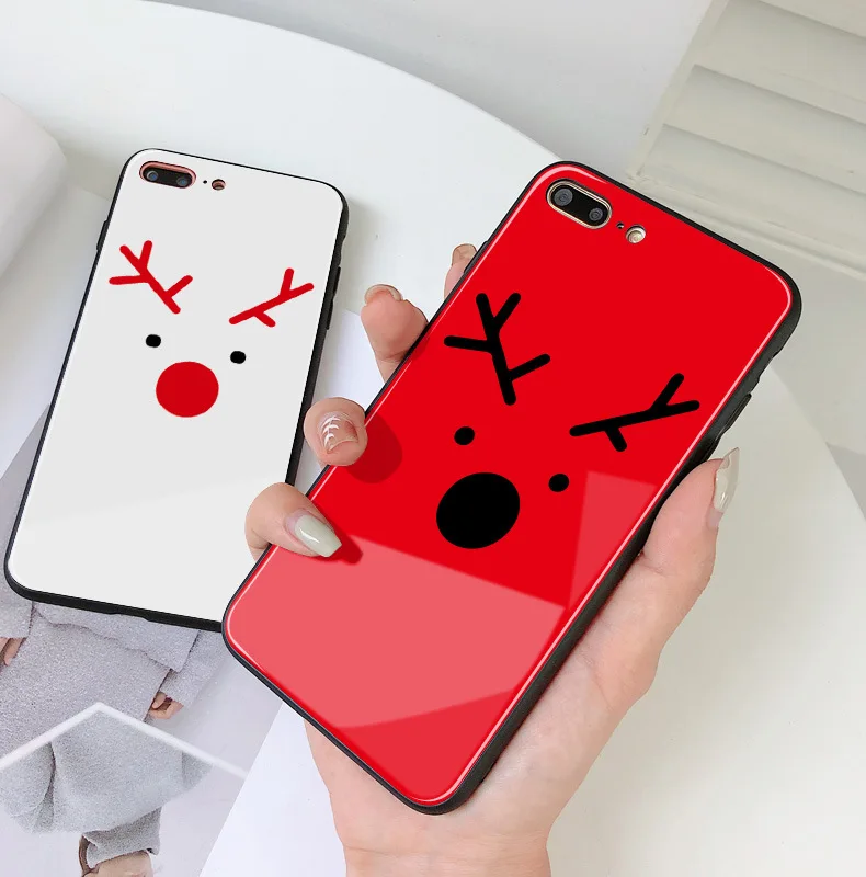 

Couple Christmas Elk Deer Glass Phone Case For iPhone 14 12 13 11 8 7 6 Pro MAX XR X XS Plus Mini Edge Shockproof Bumper Cover
