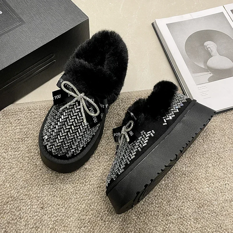 

Bow Luxury Crystal Ankle Snow Boots Women Flats Warm Shoes 2024 Winter Platform Short Plush Chelsea Designer New Femme Botas