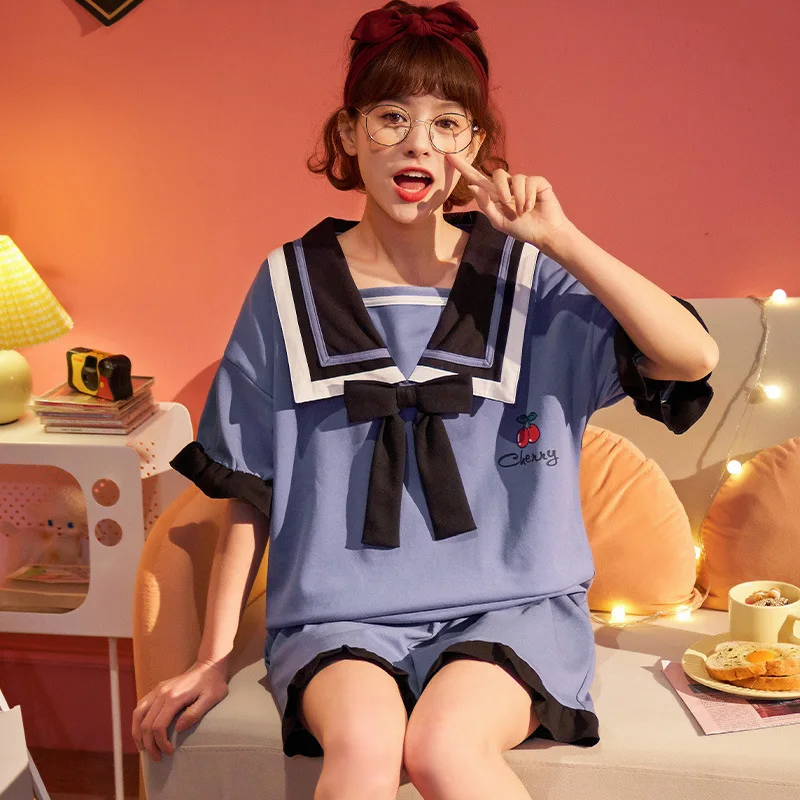 100% Cotton Women Pajamas Sets Bow Pyjamas Famale Loungewear Pijamas Short Sleeve T-Shirt Shorts Suit Sleepwear Nightwear