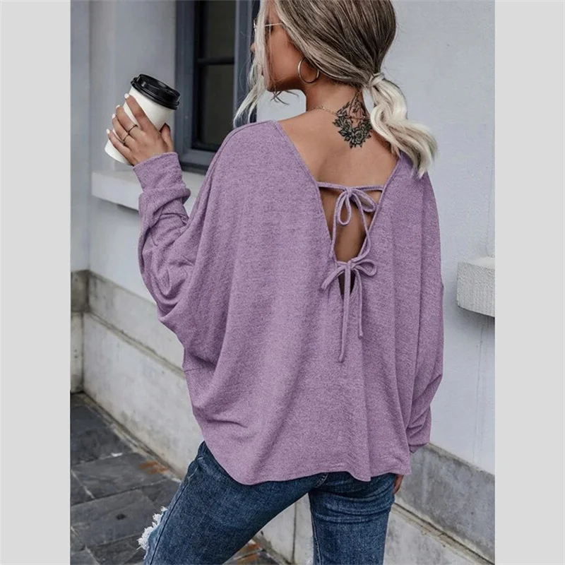 Купи Fashion Women Autumn Shirt Solid Color Knitting TShirt Cotton O Neck T-Shirt Casual Women Long Sleeve Tops Backless Frenulum Tee за 577 рублей в магазине AliExpress