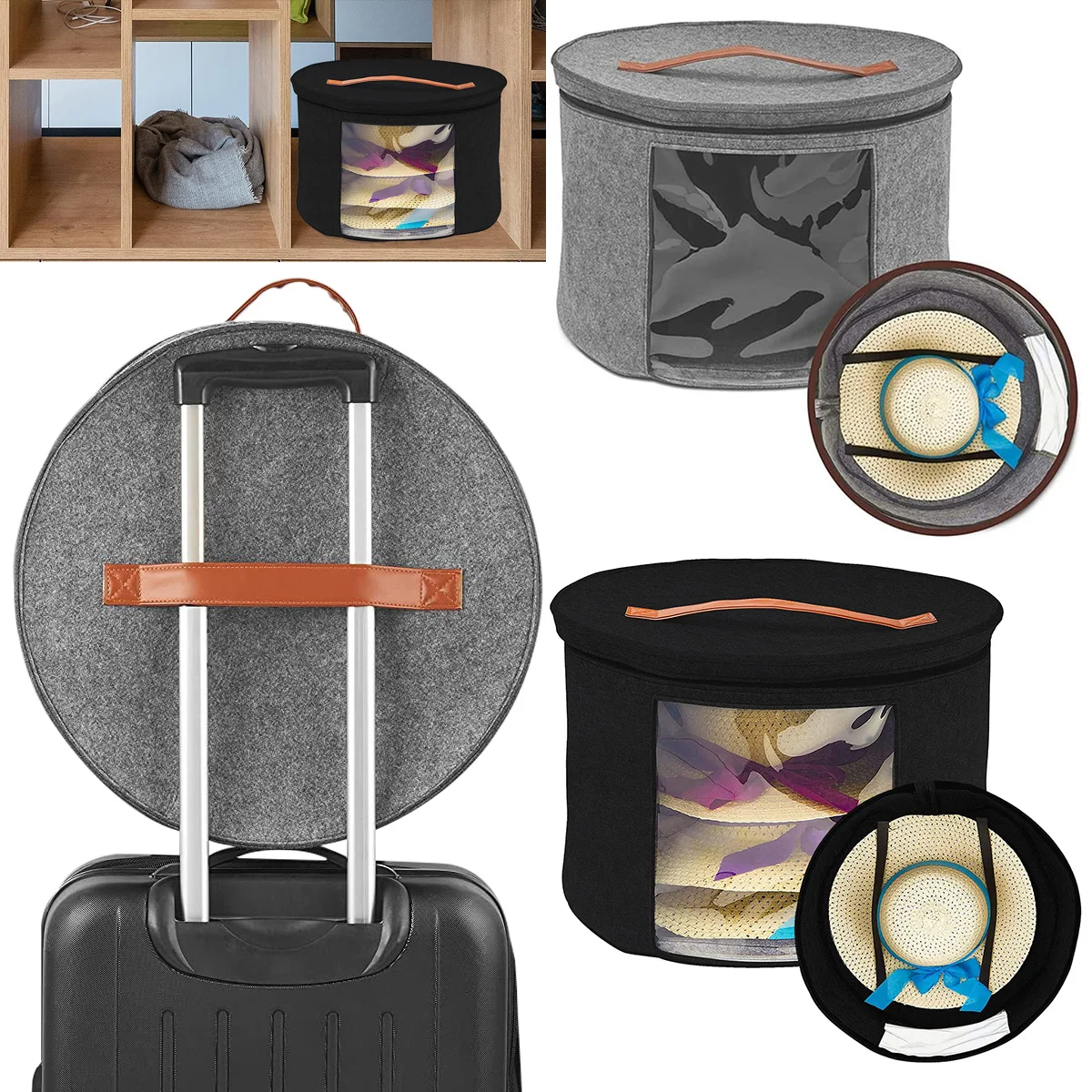 

Hat Box 17x17x10in Large Capacity Gray/Black Felt Hat Storage Container Round Foldable Double Opening Zipper Dust-Proof Hat