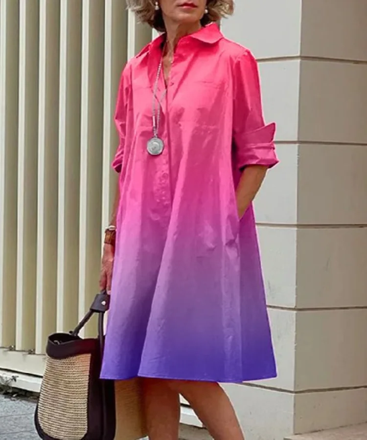 

Women's Dresses 2023 Summer Fashion Ombre Print Casual Turn-Down Collar Long Sleeve Pocket Design Daily Loose Midi Shirt Dress