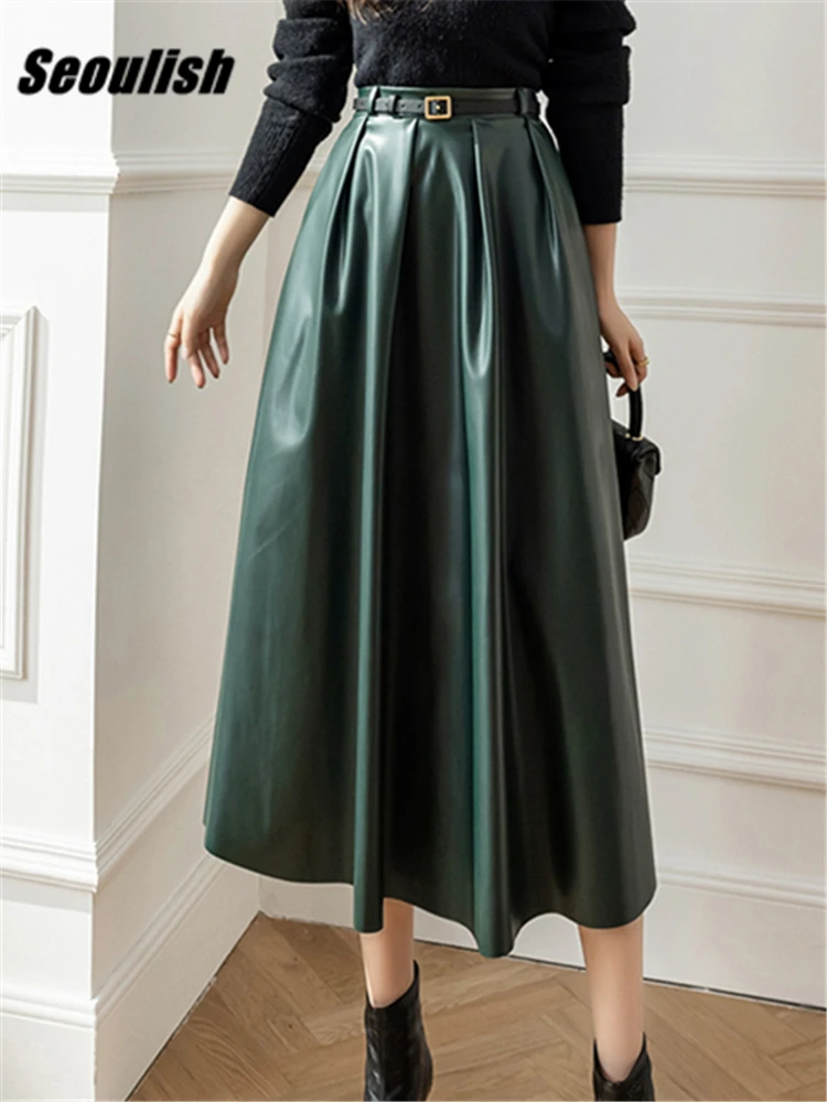 

Seoulish Autumn Winter Faux PU Leather Long Skirts with Belted 2022 New High Waist Classic Umbrella Maxi Skirts Ladies Female