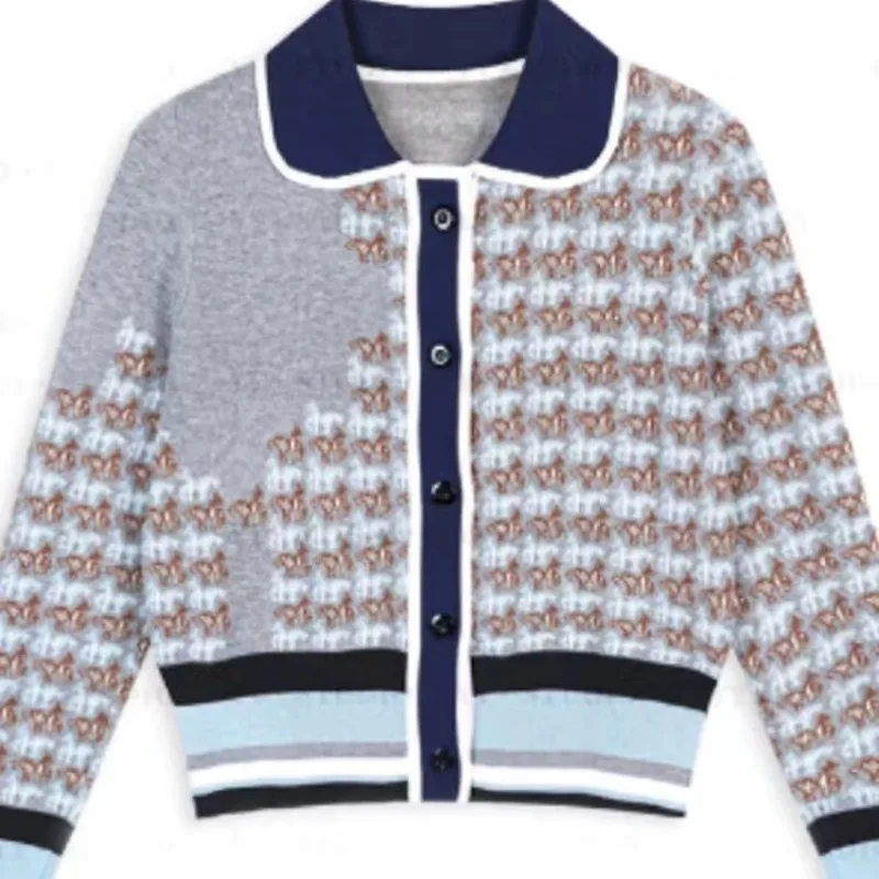 Корейский модный жаккардовый вязаный женский кардиган в горошек с длинными