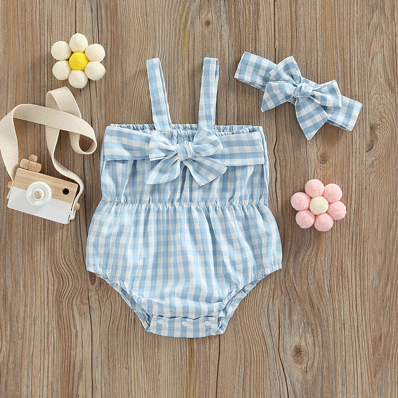 

Cute Newborn Infant Baby Girl Sleeveless Romper + Bow Headband Plaid Print Pleated Decoration Summer Clothing for 0-24Months