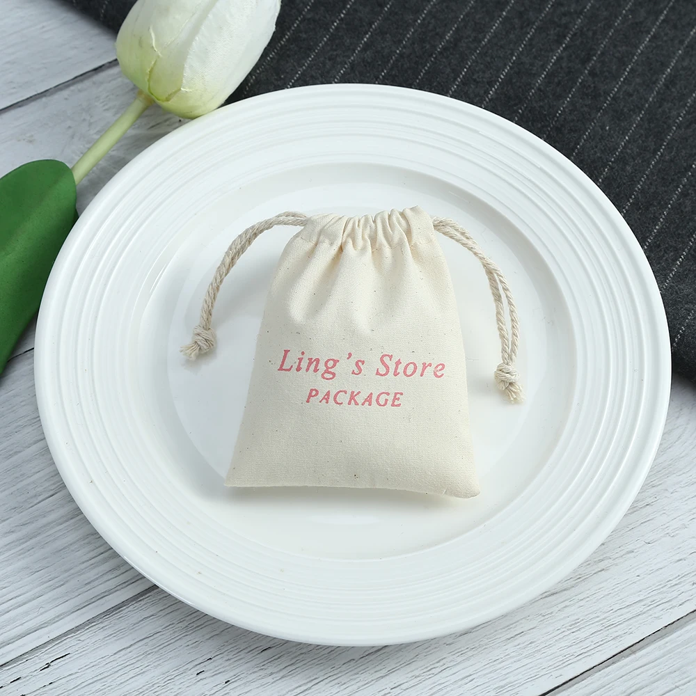 100pcs Customize Logo Print Pouches Storage Packaging Drawstring Nature Cotton Jute Ring Earings Gift Bags Organizer for Jewelry