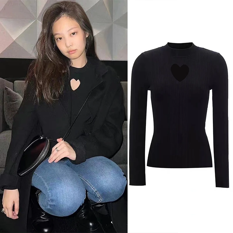 

Jennie Kpop Sexy Autumn Black Heart Hollow Pullover Tees Women Long Sleeve Knitted T Shirt Female Party Cotton Fashion Slim Tops