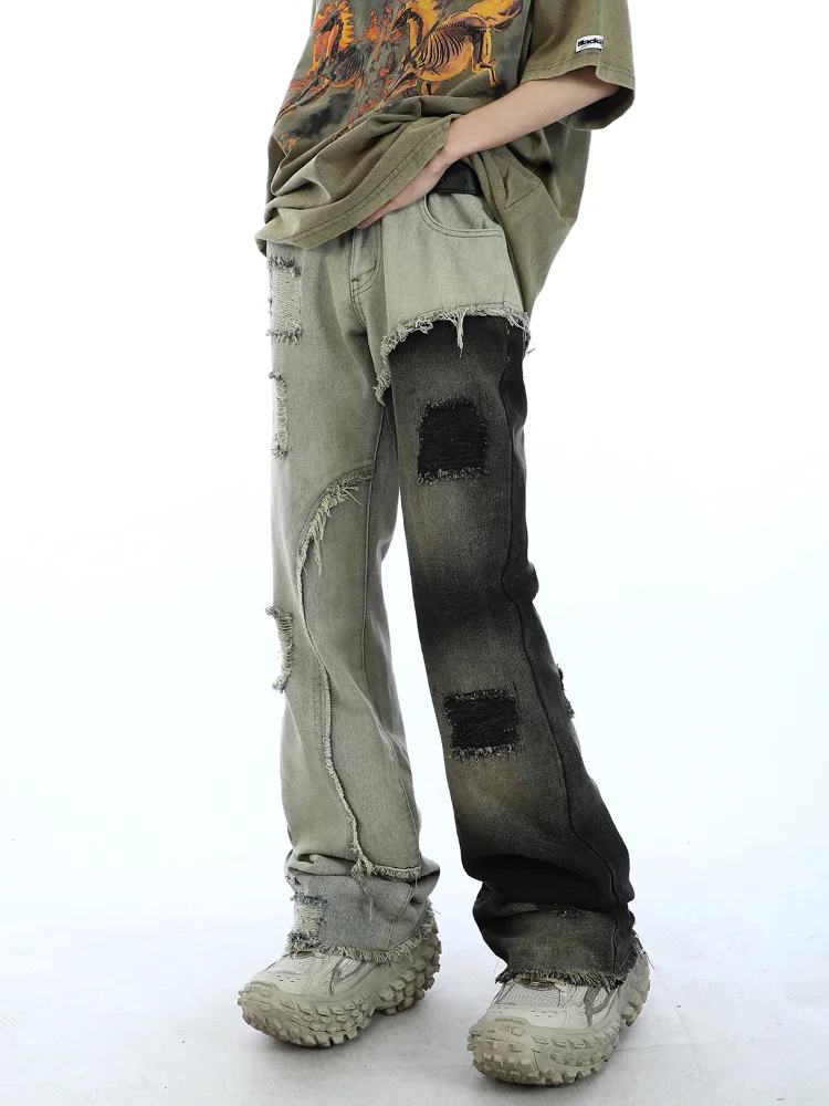 

Vintage YIHANKE Men's Color-Blocked Flared Jeans in American High Street Style