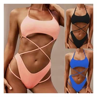 in stock one piece sexy solid color halter neck cross straps women swimming suit
