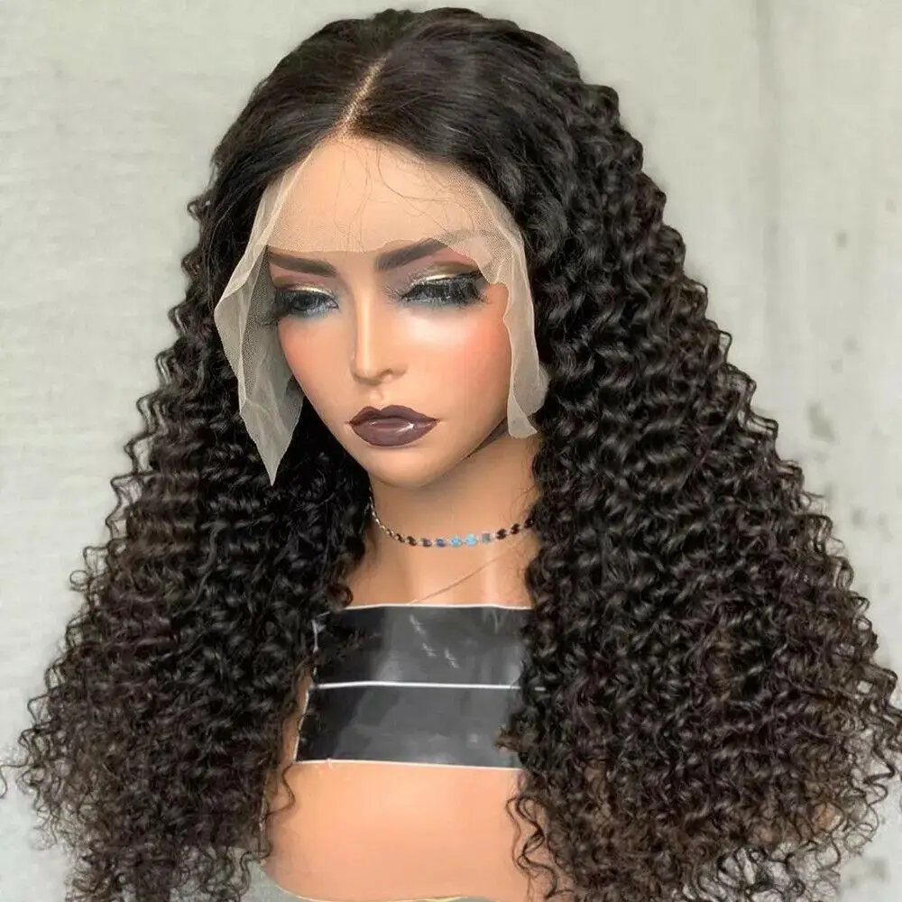 Synthetic Kinky Curly Lace Wigs T Part Lace Wigs 180% Density Natural Black Soft Long Glueless Pre Plucked with Baby Hair