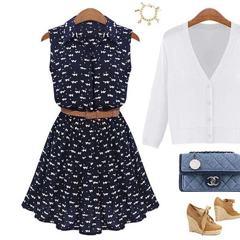 

Summer Women Shirts Dress Cat Footprints Pattern Turn-down Collar Casual Sleeveless Dresses With Belt Fashion Mini Dress